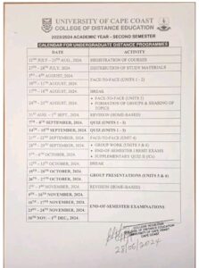 UCC 2nd Semester Academic Calendar for Undergraduate Distance Programmes 