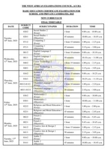 BECE 2025 TIMETABLE 