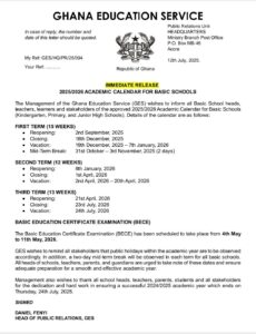 2025/2026 Academic Calendar for Basic Schools
