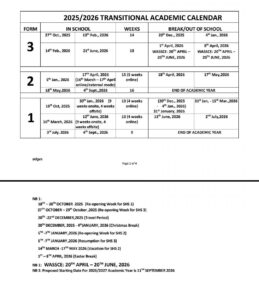 2025/2026 Transitional Academic Calendar for SHS 1, SHS 2, and SHS 3