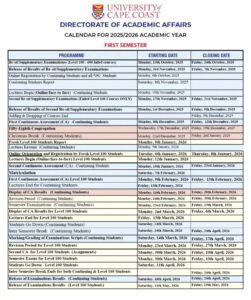 UCC First Semester Academic Calendar for 2025/2026 Academic Year