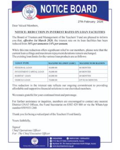Teachers' Fund Announces Major Reduction in Interest Rates on Loan Facilities – Effective March 1, 2026