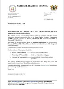 NTC Reschedules 2026 Ghana Teacher Licensure Examination Date