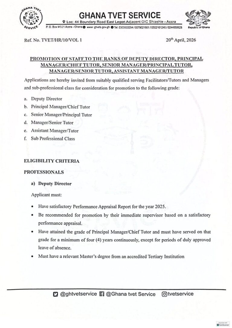 Ghana TVET Service 2025 Promotion Exercise Announced - Apply Now ...