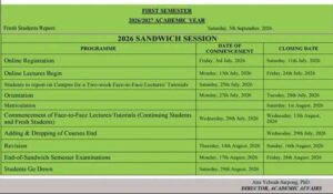 UCC 2026 Sandwich Session Academic Calendar for 2026/2027 Academic Year