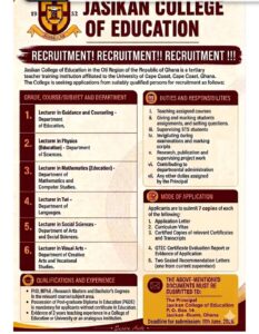 Jasikan College of Education Announces Lecturer Vacancies